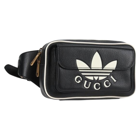 GUCCI Adidas Waist bag Leather Black Gold 722141 Auth 118851M - Picture 1 of 16
